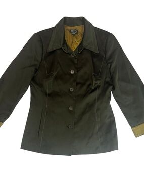 BCBG Max Azria Jacket Size 6 Olive Black Structured Blazer Satin Trim Made USA